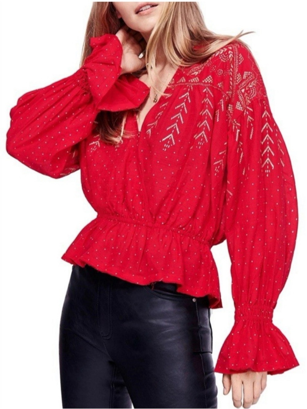 Free People Counting Stars Peasant Blouse Medium Red Gold Boho Festival Holiday